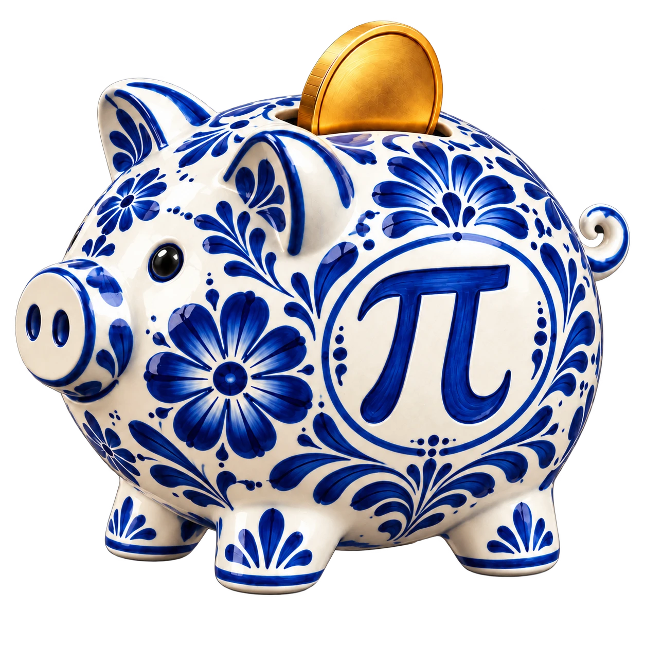 Blue talavera piggy bank with the pi symbol and a gold coin